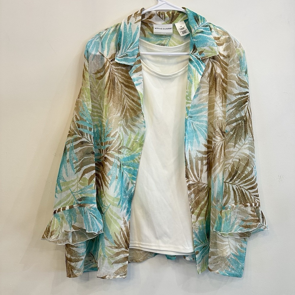 Alfred Dunner Casual Top Blouse Sheer Leaves 3/4 Sl Cream Cami 14P Dressy Spring